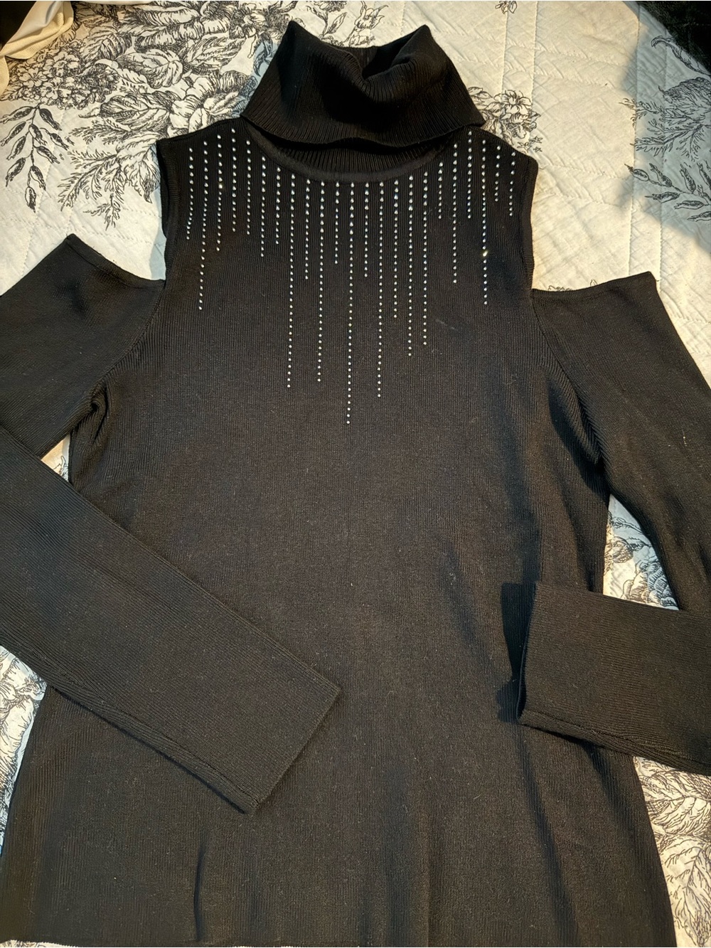 Women's Black Cold-Shoulder Turtleneck Sweater with Rhinestone Trim